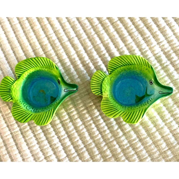 Set of 2 Mesa International Fish Decorative Dish Bowl Green Blue - Picture 1 of 3